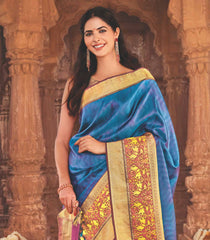 Cyan Handloom Silk Saree With Chevron Motifs & Kalamkaari Horse Motifs