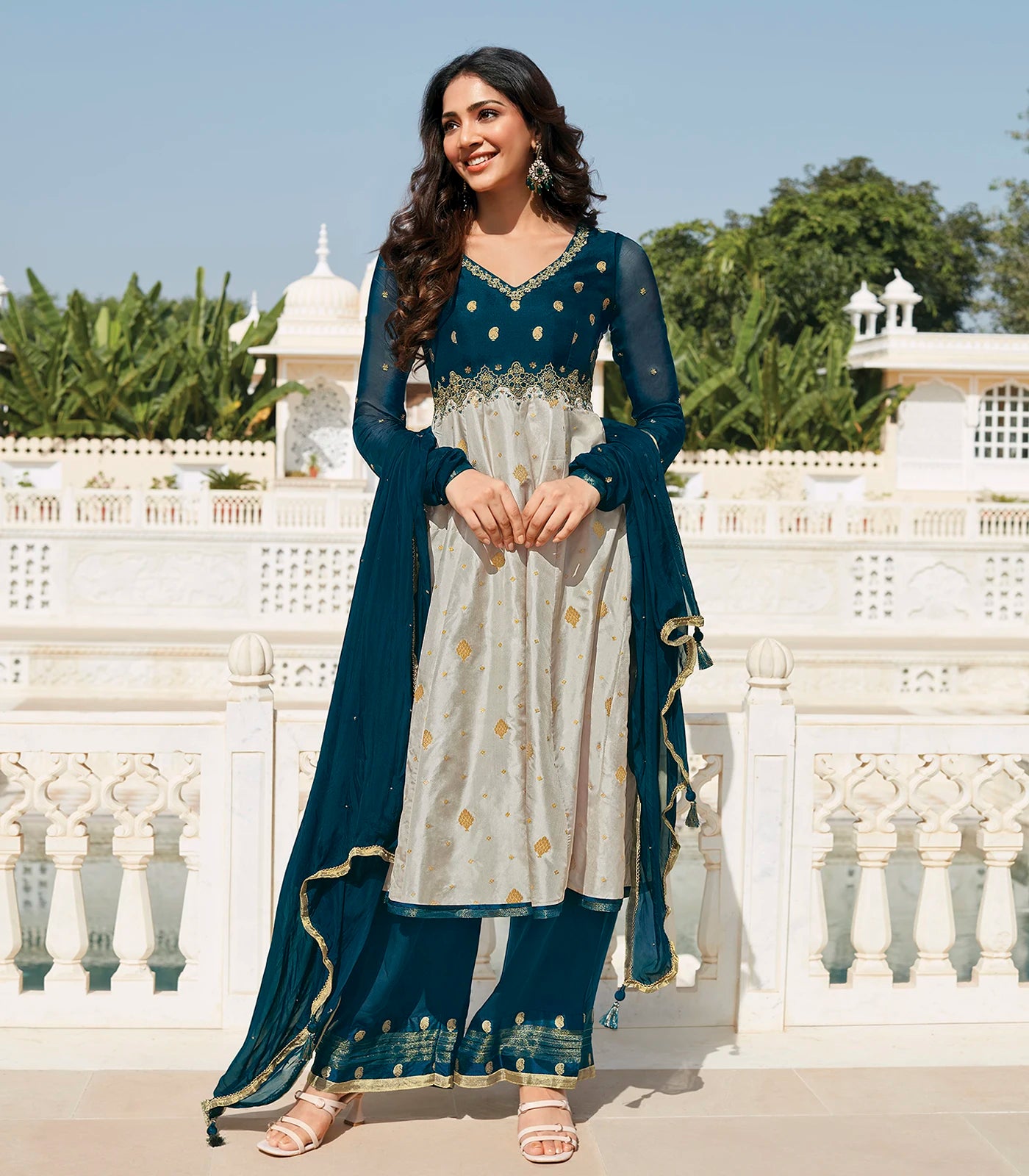 Teal Blue and Grey Embroidered Silk Salwar Set RmKV Silks