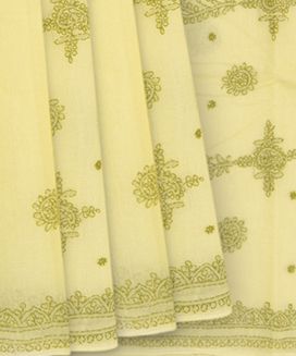 Light Yellow Chikankari Embroidered Cotton Saree With Chakram & Vine Motifs In Green Thread