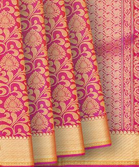 Hot Pink Handloom kanchipuram Silk Saree With Floral Vine Zari Motifs
