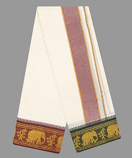 Cream 10 x 6 Handwoven Cotton Dhoti with contrast Fancy Border with Elephant Motif
