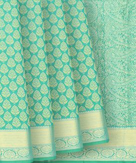 Aquamarine Handloom Kanchipuram Silk Saree With Floral Zari Motifs 
