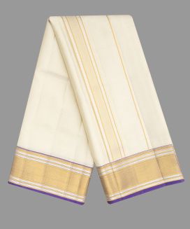 Off White 9 X 5 Handloom Silk Dhoti With Contrast Purple Border & Zari
