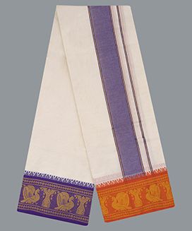 Cream 9 x 5  Handwoven Cotton Dhoti with contrast Fancy Border with Annam  Motif
