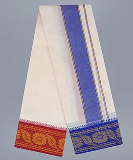 Cream 9 x 5 Handwoven Cotton Dhoti with contrast Fancy Border with flower and leaf motif
