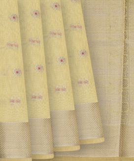 Cream Woven Blended Linen Saree With Floral Butta & Zari Border
