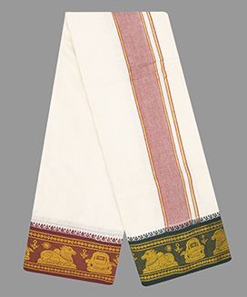 Cream 10 x 6 Handwoven Cotton Dhoti with contrast Fancy Border 
