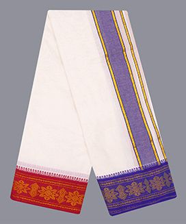 Cream 9 x 5 Handwoven Cotton Dhoti with contrast Fancy Border with Flower Motif

