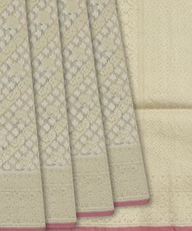 Beige Handloom Banarasi Cotton Saree With Diagonal Vine Motifs