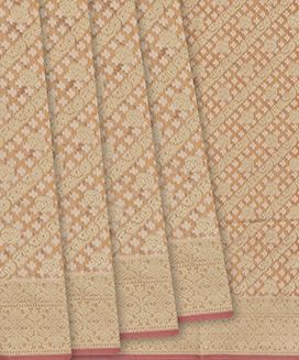 Peach Handloom Banarasi Cotton Saree With Diagonal Vine Motifs
