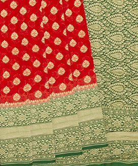 Red Handloom Banarasi Khaddi Georgette Saree With Floral Motifs & Green Border
