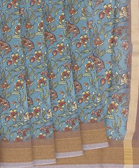 Light Blue Woven Blended Dupion Saree With Printed Floral Vine Motifs
