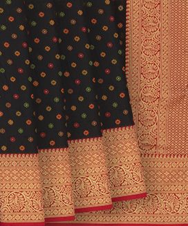 Black Blended Pashmina Kani Saree With Floral Motifs & Red Border
