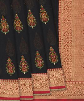 Black Blended Pashmina Kani Saree With Floral Motifs
