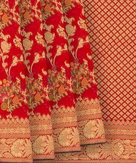 Red Woven Blended Khaddi Georgette Saree With Meenakaari Floral Vine Motifs
