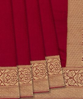 Red Woven Emboss Saree With Floral Vine Motifs & Zari Border
