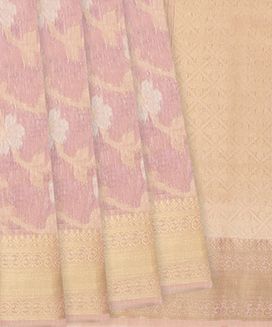 Baby Pink Woven Blended Linen Saree With Floral Vine Motifs & Zari Border
