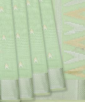 Mint Green Woven Blended Linen Saree With Chevron Butta & Silver Zari Border

