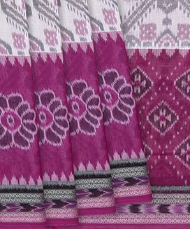 Off White Handloom Orissa Cotton Saree With Floral Motifs & Pink Pallu
