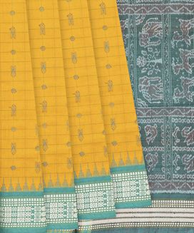 Mango Yellow Handloom Orissa Silk Saree With Checks & Fish Motifs
