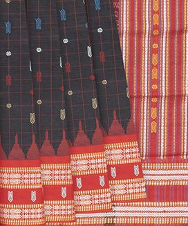 Black Handloom Orissa Silk Saree With Checks & Contrast Red Border
