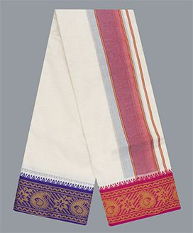 Cream 9 x 5  Handwoven Cotton Dhoti with contrast Fancy Border with Mango and flower Motif

