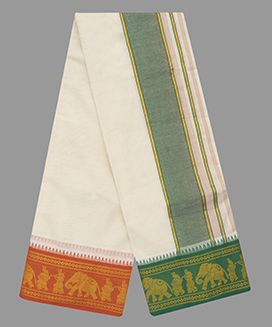 Cream 9 x 5  Handwoven Cotton Dhoti with contrast Fancy Border with Elephant Motif
