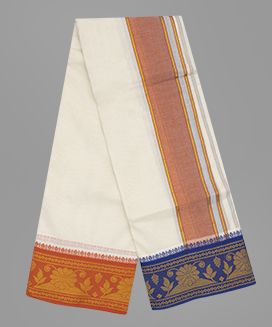 Cream 9 x 5  Handwoven Cotton Dhoti with contrast Fancy Border with Flower Motif

