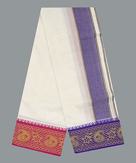 Cream 9 x 5  Handwoven Cotton Dhoti with contrast Fancy Border with Mango Motif
