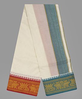 Cream 9 x 5  Handwoven Cotton Dhoti with contrast Fancy Border with Elephant Motif
