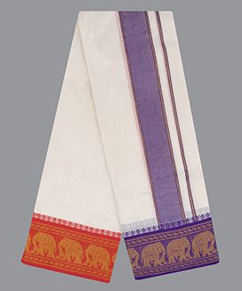 Cream 9 x 5  Handwoven Cotton Dhoti with Fancy Border with Elephant Motif
