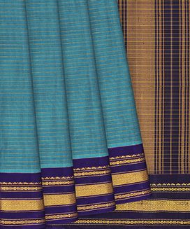 Cyan Handloom Gadwal Cotton Saree With Stripes