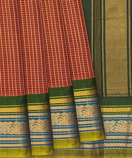 Rust Handloom Gadwal Cotton Saree With Checks 

