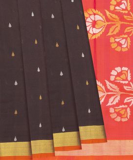 Dark Brown Handloom Uppada Silk Saree With Droplet Motifs
