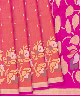 Peach Handloom Uppada Silk Saree With Droplet Motifs
