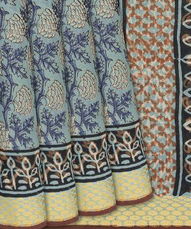 Light Blue Woven Jaipur Cotton Saree With Printed Floral Motifs
