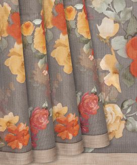 Grey Woven Blended Kota Silk Saree With Printed Floral Motif