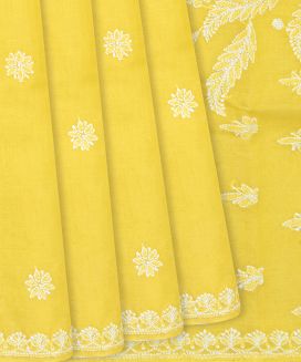 Yellow Chikankari Embroidered Cotton Saree With Floral Motifs