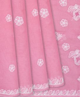 Bubble gum Pink Chikankari Embroidered Cotton Saree With Floral Motifs