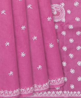 Pink Chikankari Embroidered Cotton Saree With Floral Motifs