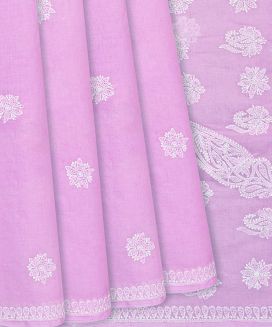 Lavender Chikankari Embroidered Cotton Saree With Paisley Motifs
