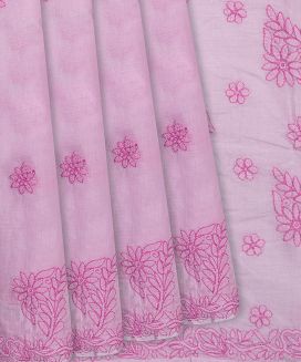 Baby Pink Chikankari Embroidered Cotton Saree With Floral Motifs