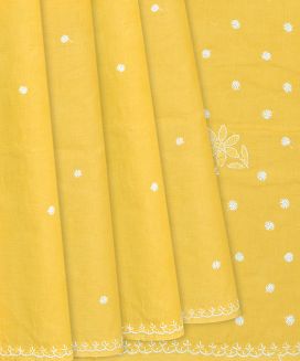 Lemon Yellow Chikankari Embroidered Cotton Saree With Floral Motifs
