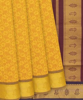 Yellow Handloom Poly Cotton Saree With Floral Motifs
