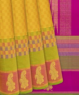 Yellow Handloom Kanchipuram Payadi Silk Saree With Checks
