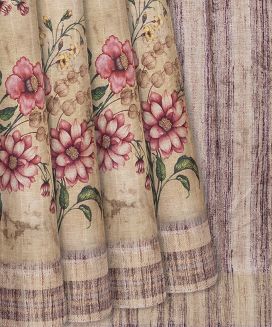 Beige Blended Dupion Saree Printed With Floral Motifs
