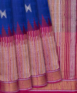 Blue Woven Dupion Silk Saree With Pink Temple Border
