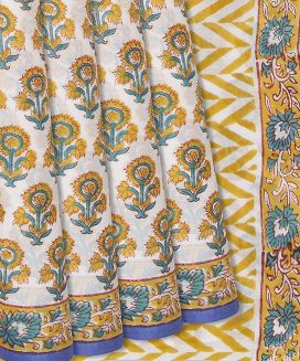 Yellow Woven Jaipur Cotton Saree With Printed Floral Motifs
