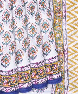 White Woven Jaipur Cotton Saree With Printed Floral Motifs
