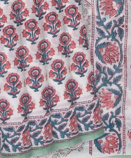 Cream Woven Jaipur Cotton Saree With Printed Floral Motifs
